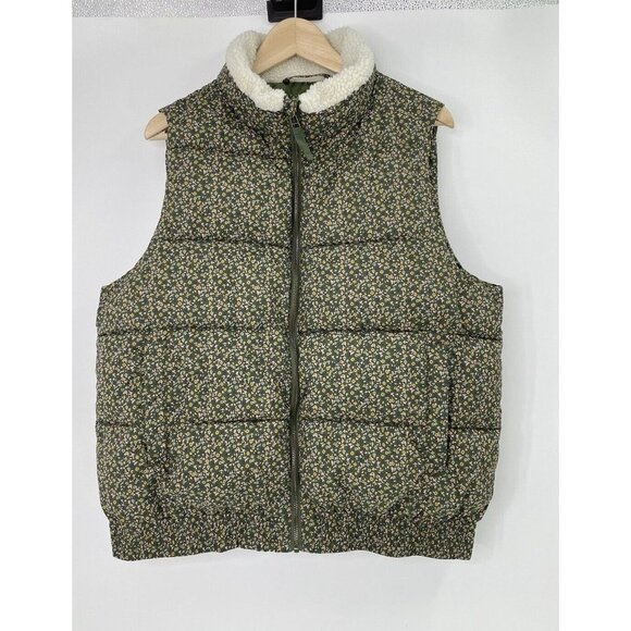 Universal Thread Womens Puffer Vest Sherpa Collar Green Micro Floral Size L - Picture 2 of 10